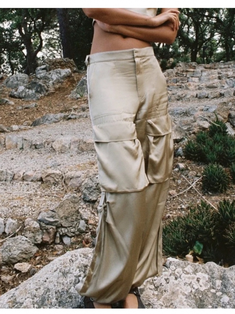 Zara Beige Satin Effect Cargo Pants XS